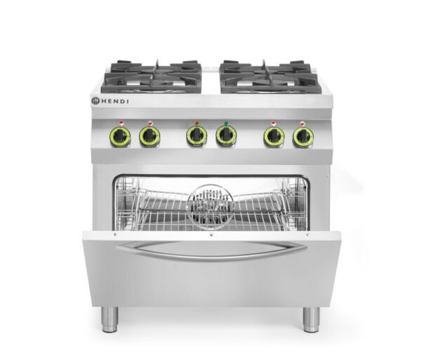 GN 1/1 konvekciós sütővel ellátott 4 égős gáztűzhely, HENDI, Kitchen Line, 230V/3000W, 19kW, 800x722x(H)900mm