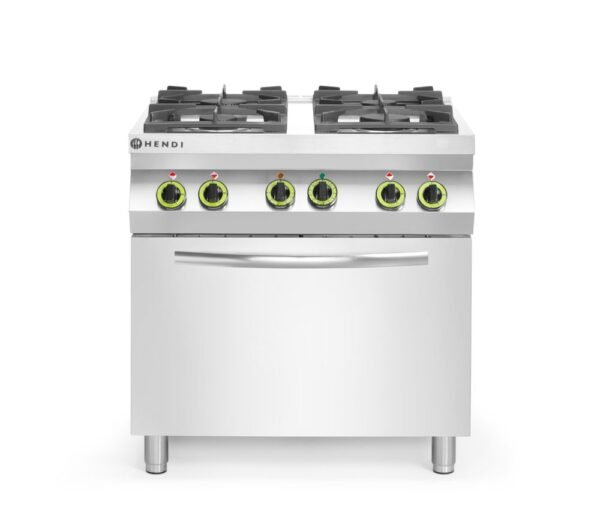 GN 1/1 konvekciós sütővel ellátott 4 égős gáztűzhely, HENDI, Kitchen Line, 230V/3000W, 19kW, 800x722x(H)900mm