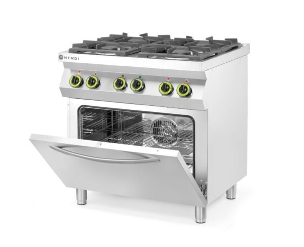 GN 1/1 konvekciós sütővel ellátott 4 égős gáztűzhely, HENDI, Kitchen Line, 230V/3000W, 19kW, 800x722x(H)900mm
