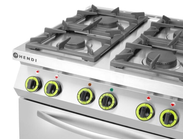 GN 1/1 konvekciós sütővel ellátott 4 égős gáztűzhely, HENDI, Kitchen Line, 230V/3000W, 19kW, 800x722x(H)900mm