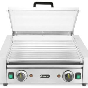 Kolbászsütő grill - 2 zónás energiatakarékos fedéllel, HENDI, 11 görgős, 230V/980W, 566x527x(H)259mm