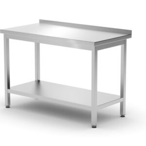 Fali asztal polccal – csavarozott, mélység: 600 mm, HENDI, Profi Line, 1200x600x(H)850mm