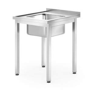Mosogatóasztal – csavarozott, mélység: 600 mm, HENDI, Profi Line, Középen mosogatótálca, 600x600x(H)850mm