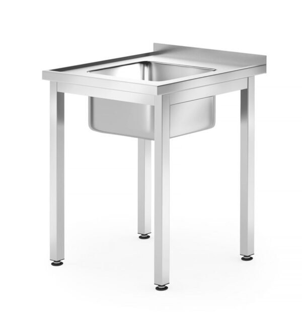 Mosogatóasztal – csavarozott, mélység: 600 mm, HENDI, Profi Line, Középen mosogatótálca, 600x600x(H)850mm