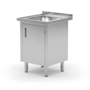 Mosogatóasztal, hegesztett, szekrényrel és zsanéros ajtókkal, HENDI, Profi Line, 600x700x(H)850mm