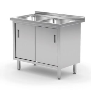 Asztal 2 mosogatóval, szekrény – hegesztett, tolóajtókkal, HENDI, Profi Line, 1000x600x(H)850mm